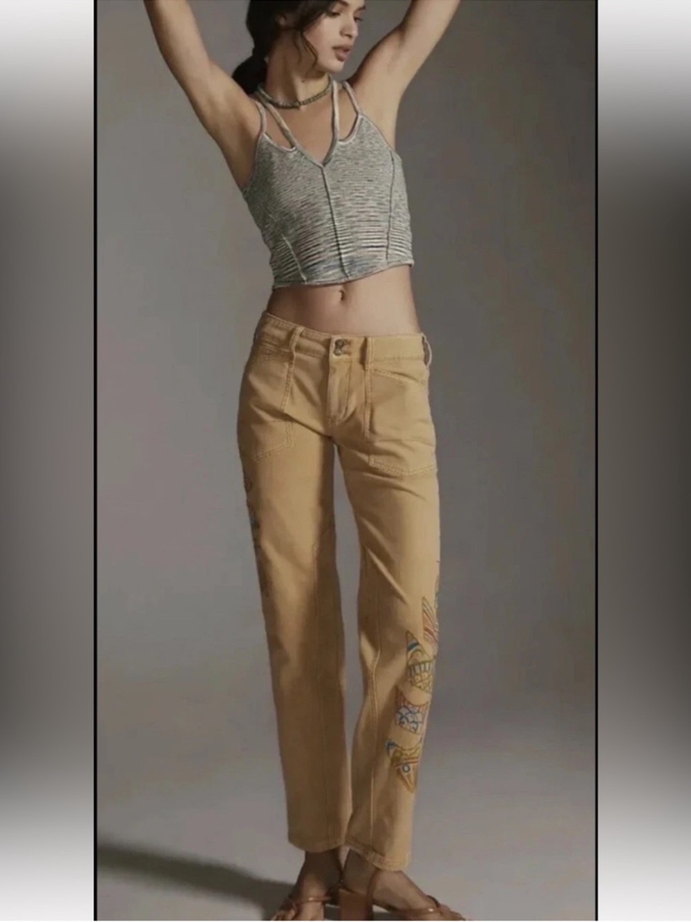 Pilcro Mustard Cropped Utility Pants with Fish Embroidery